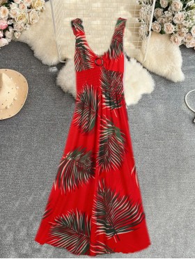 Palm Leaves V -Neck Sleeveless Summer Dress